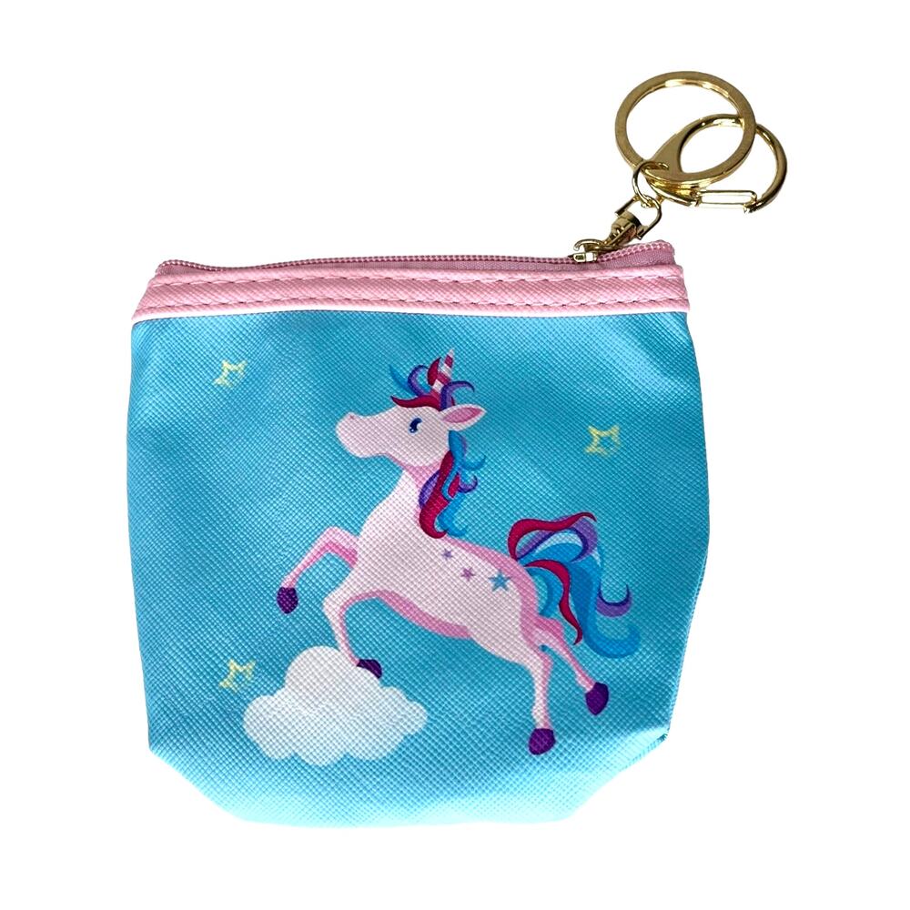 Girls Unicorn Coin Purch Charm Key Ring White Horse Blue Zip Bag Pouch Keychain - Picture 5 of 5